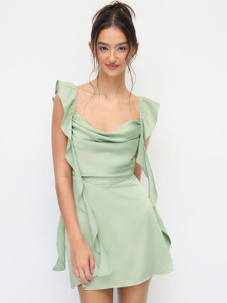 Satin Sweetheart Neck Ruffle Hem Backless Mini Dress