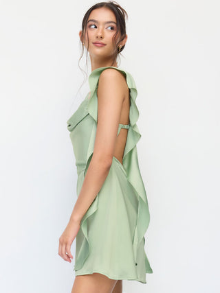 Satin Sweetheart Neck Ruffle Hem Backless Mini Dress