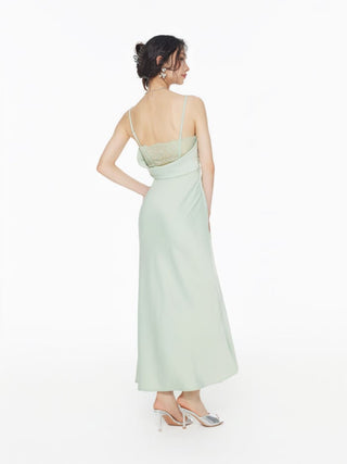 Satin Square Neck Ruched Lace Maxi Dress