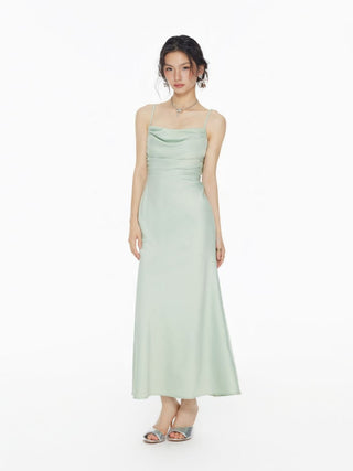 Satin Square Neck Ruched Lace Maxi Dress