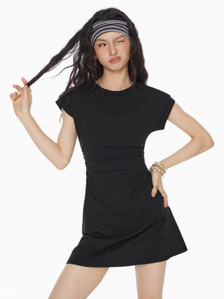 Cotton-blend Round Neckline Ruched Mini Dress