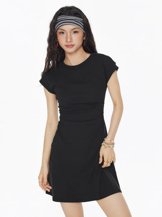 Cotton-blend Round Neckline Ruched Mini Dress