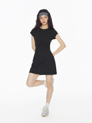 Cotton-blend Round Neckline Ruched Mini Dress
