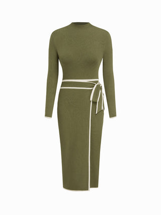 Turtleneck Belted Bowknot Knitted Maxi Dress