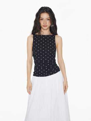 Cotton-blend Boat Neck Knotted Polka Dot Ruched Tank Top
