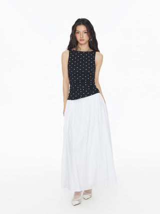 Cotton-blend Boat Neck Knotted Polka Dot Ruched Tank Top