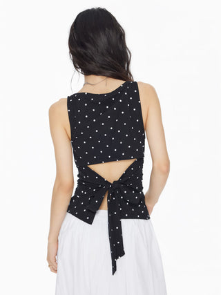 Cotton-blend Boat Neck Knotted Polka Dot Ruched Tank Top