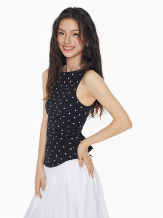 Cotton-blend Boat Neck Knotted Polka Dot Ruched Tank Top