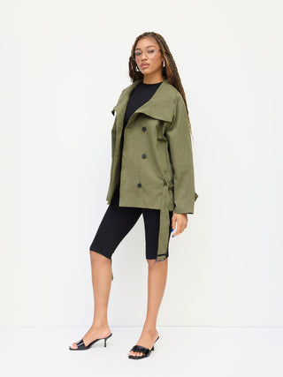 Multi-way Cotton Funnel Neck Double Breasted Oversized Windbreaker With Belt