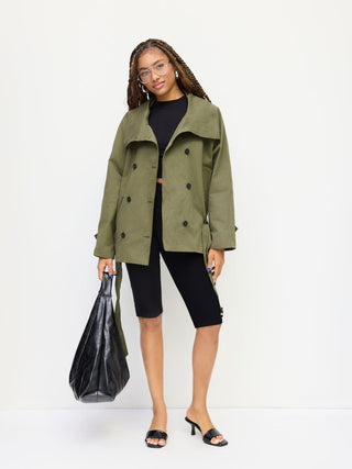 Multi-way Cotton Funnel Neck Double Breasted Oversized Windbreaker With Belt