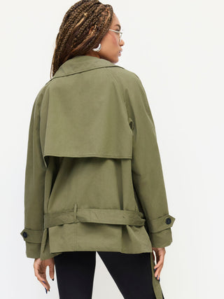 Multi-way Cotton Funnel Neck Double Breasted Oversized Windbreaker With Belt