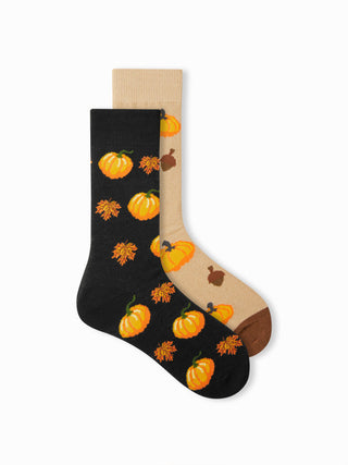 2 PAIRS PUMPKIN & MAPLE LEAF CREW SOCKS SET