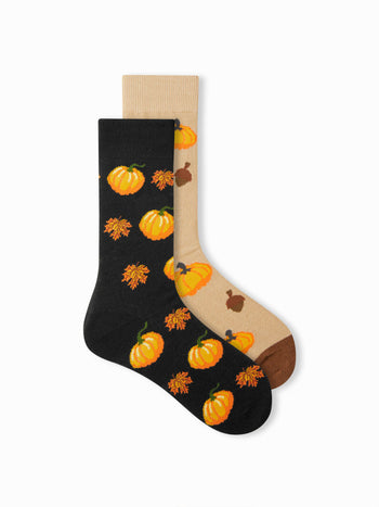 2 PAIRS PUMPKIN & MAPLE LEAF CREW SOCKS SET