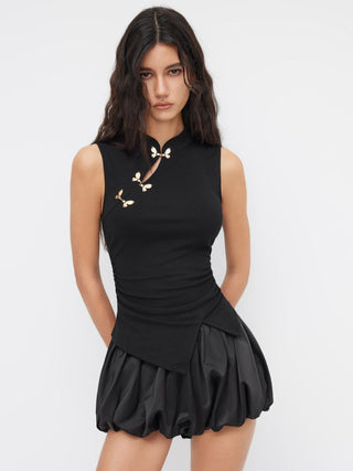Mandarin Collar Metal Detail Cut Out Ruched Split Top