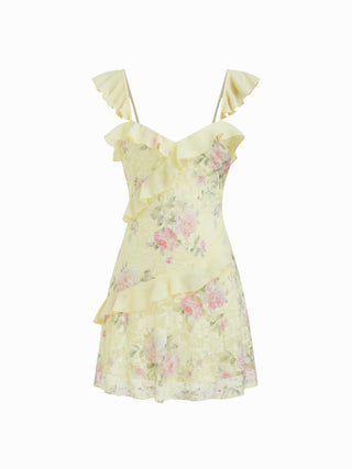 Lace Floral Sweetheart Neck Ruffle Trim Cami Mini Dress