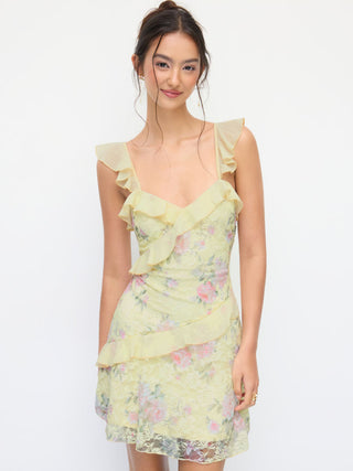 Lace Floral Sweetheart Neck Ruffle Trim Cami Mini Dress