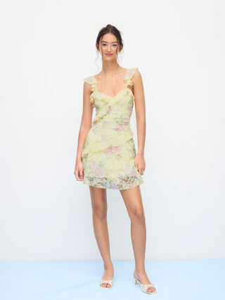 Lace Floral Sweetheart Neck Ruffle Trim Cami Mini Dress