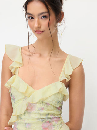 Lace Floral Sweetheart Neck Ruffle Trim Cami Mini Dress