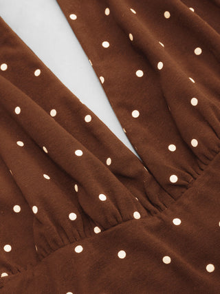 Cotton-blend Halter Cowl Neck Polka Dot Ruched Top
