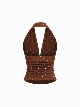 Cotton-blend Halter Cowl Neck Polka Dot Ruched Top