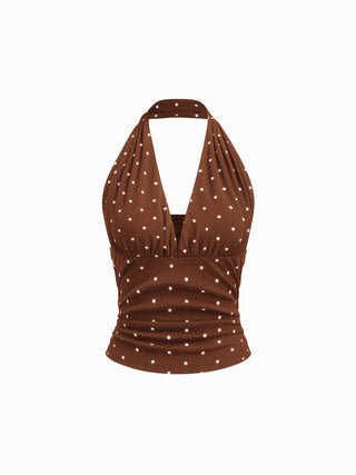 Cotton-blend Halter Cowl Neck Polka Dot Ruched Top