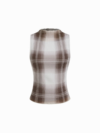 High Neck Plaid Texture Lettuce Trim Tank Top