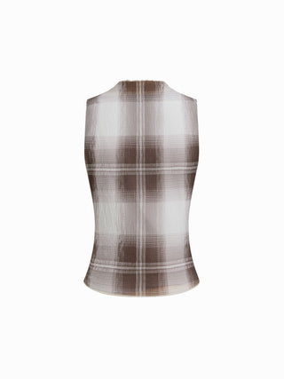 High Neck Plaid Texture Lettuce Trim Tank Top