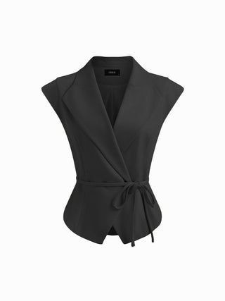 Woven Collar V-neck Knotted Blazer Vest For Daily Casual Work