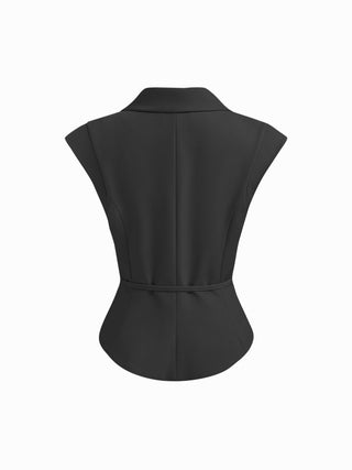 Woven Collar V-neck Knotted Blazer Vest For Daily Casual Work