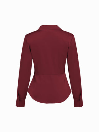 Satin Collar Long Sleeve Curved Hem Cinched Waist Shirt
