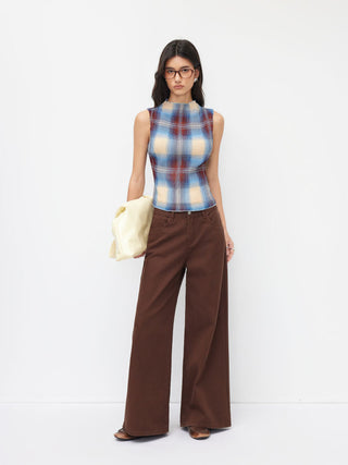 High Neck Plaid Texture Lettuce Trim Tank Top
