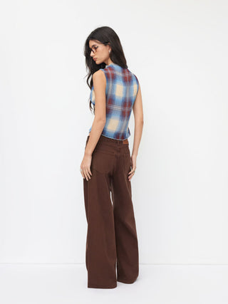 High Neck Plaid Texture Lettuce Trim Tank Top