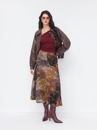 Mesh Mid Rise Abstract Graphic Floral Asymmetrical Hem Maxi Skirt