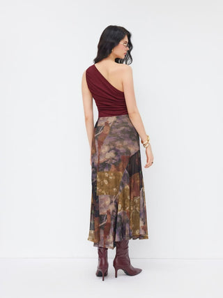 Mesh Mid Rise Abstract Graphic Floral Asymmetrical Hem Maxi Skirt