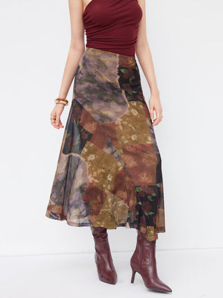Mesh Mid Rise Abstract Graphic Floral Asymmetrical Hem Maxi Skirt