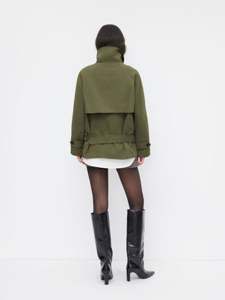 Multi-way Cotton Funnel Neck Double Breasted Oversized Windbreaker With Belt