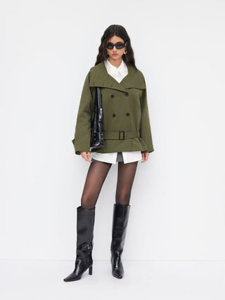 Multi-way Cotton Funnel Neck Double Breasted Oversized Windbreaker With Belt
