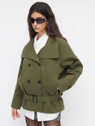 Multi-way Cotton Funnel Neck Double Breasted Oversized Windbreaker With Belt