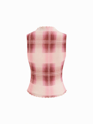 High Neck Plaid Texture Lettuce Trim Tank Top