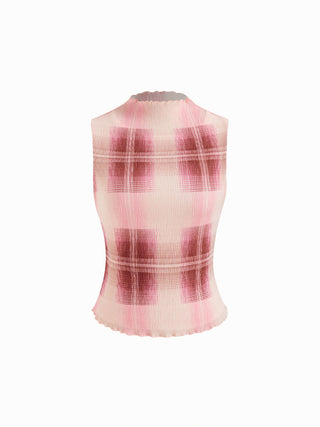 High Neck Plaid Texture Lettuce Trim Tank Top