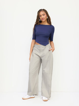 Woven Cotton-blend Low Rise Tie Side Barrel-leg Trousers For Daily Casual