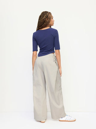 Woven Cotton-blend Low Rise Tie Side Barrel-leg Trousers For Daily Casual