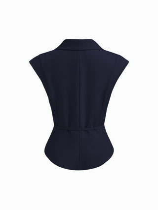 Woven Collar V-neck Knotted Blazer Vest For Daily Casual Work