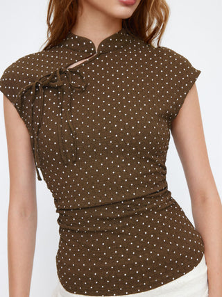 Polka Dot Mandarin Collar Short Sleeve Knotted Ruched Top