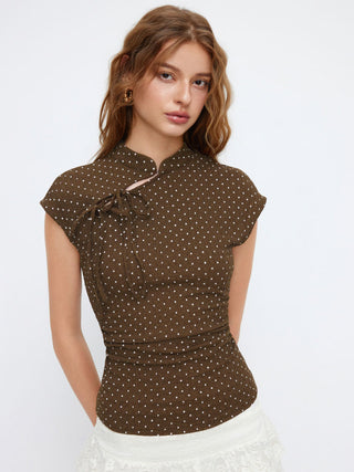 Polka Dot Mandarin Collar Short Sleeve Knotted Ruched Top