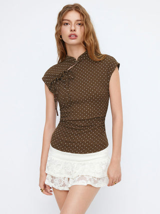 Polka Dot Mandarin Collar Short Sleeve Knotted Ruched Top