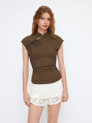 Polka Dot Mandarin Collar Short Sleeve Knotted Ruched Top