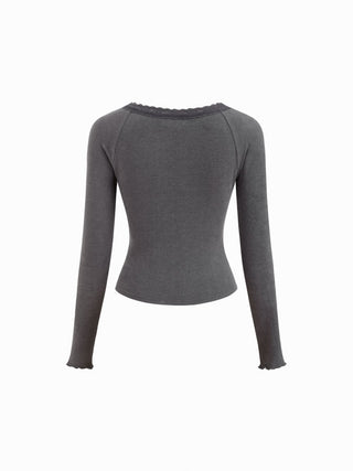 Thermal Cotton-blend V-neck Long Sleeve Lace Trim Ruched Tee