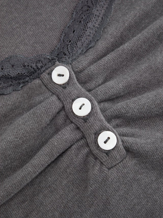 Thermal Cotton-blend V-neck Long Sleeve Lace Trim Ruched Tee