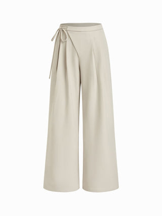 Mid Rise Tie Side Knotted Pleated Wide Leg Trousers